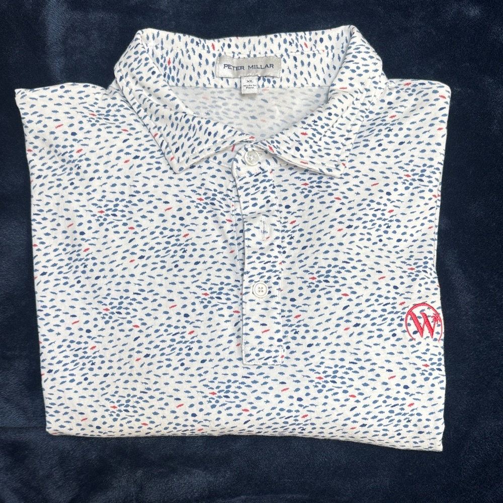 Peter Millar Patterned Polo in White and Blue